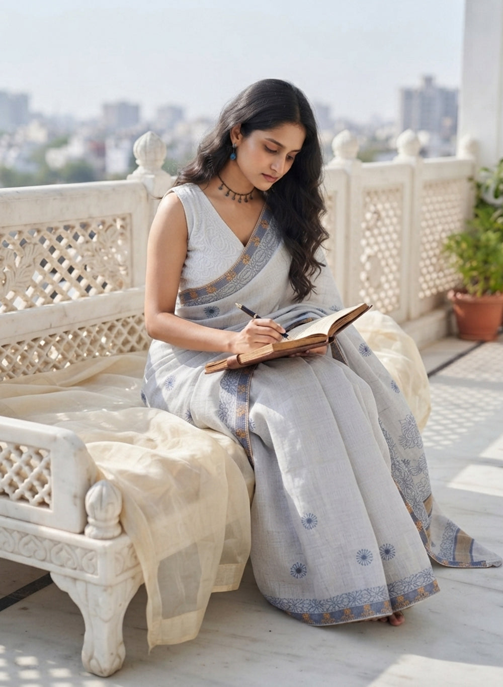 Slate Blue Cotton Chanderi - Aks Hand Embroidered Chikankari Saree