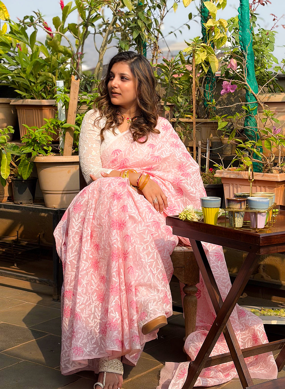 Guncha Baby Pink - Dual Thread Aks Cotton Tepchi Chikankari Saree