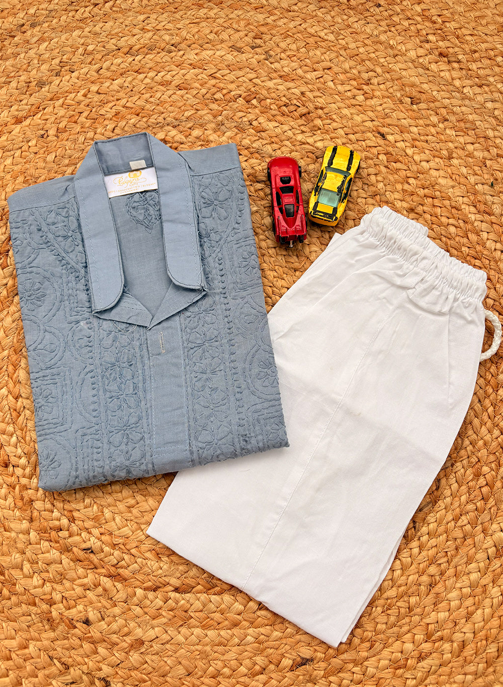 Grey Front Jaal - Cotton Chikankari Kurta With Self Thread Work & Pajama