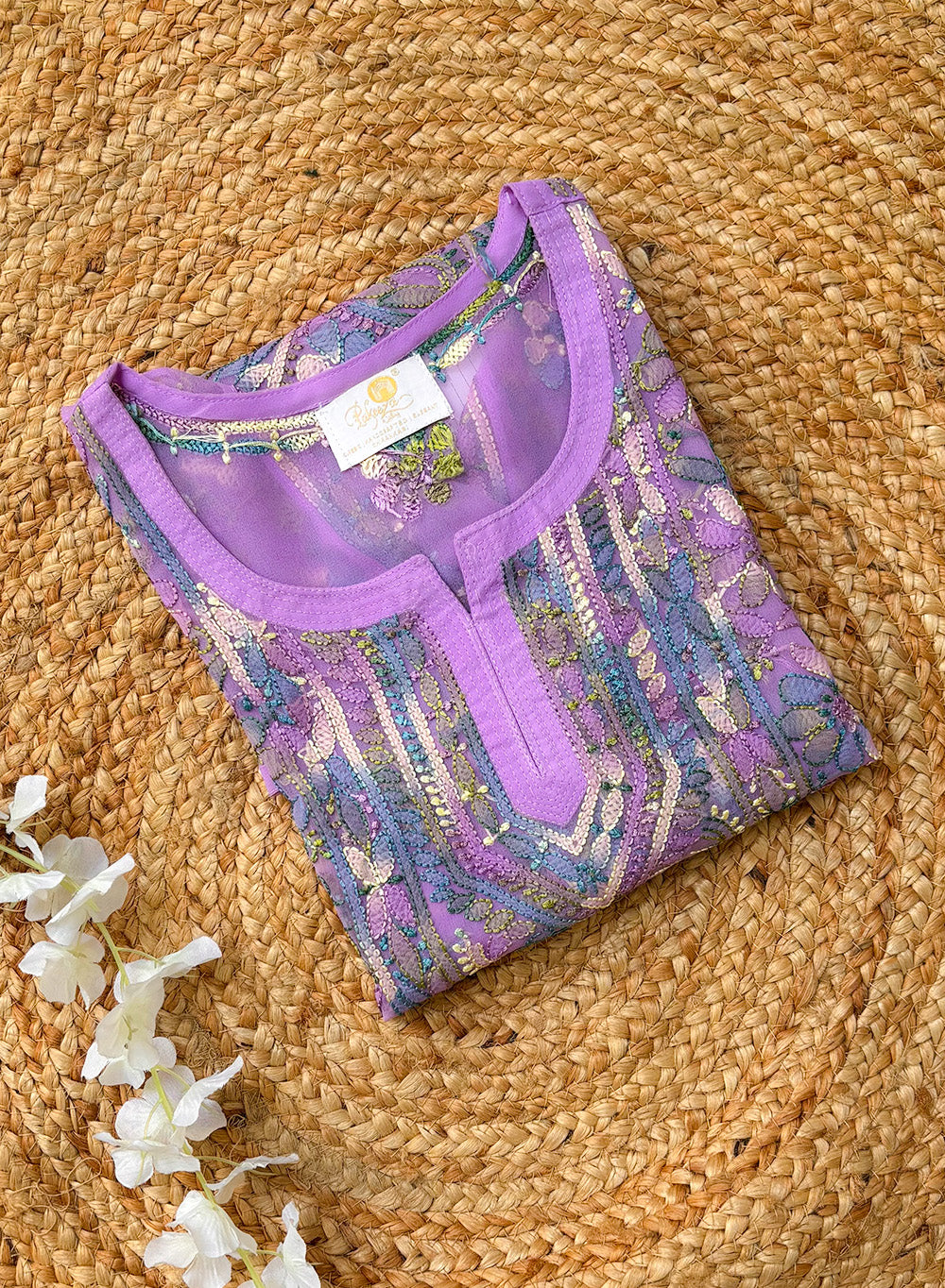 Lavender With Multicolored Thread - Gulzar Georgette Chikankari Short Top