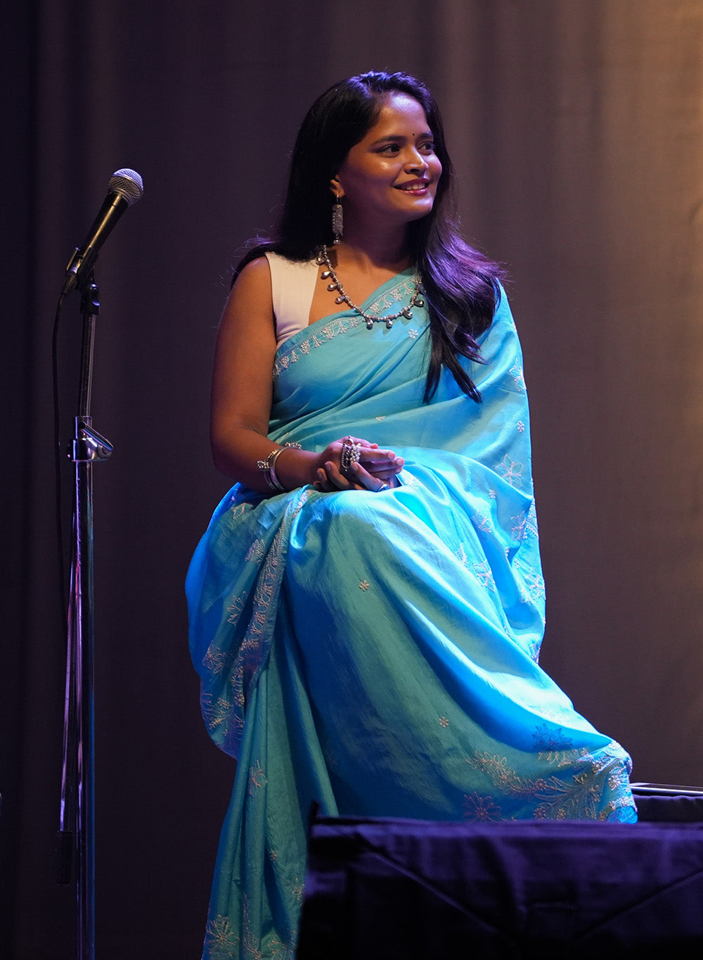 Blue - Pure Silk Aks Resham Chikankari  Saree