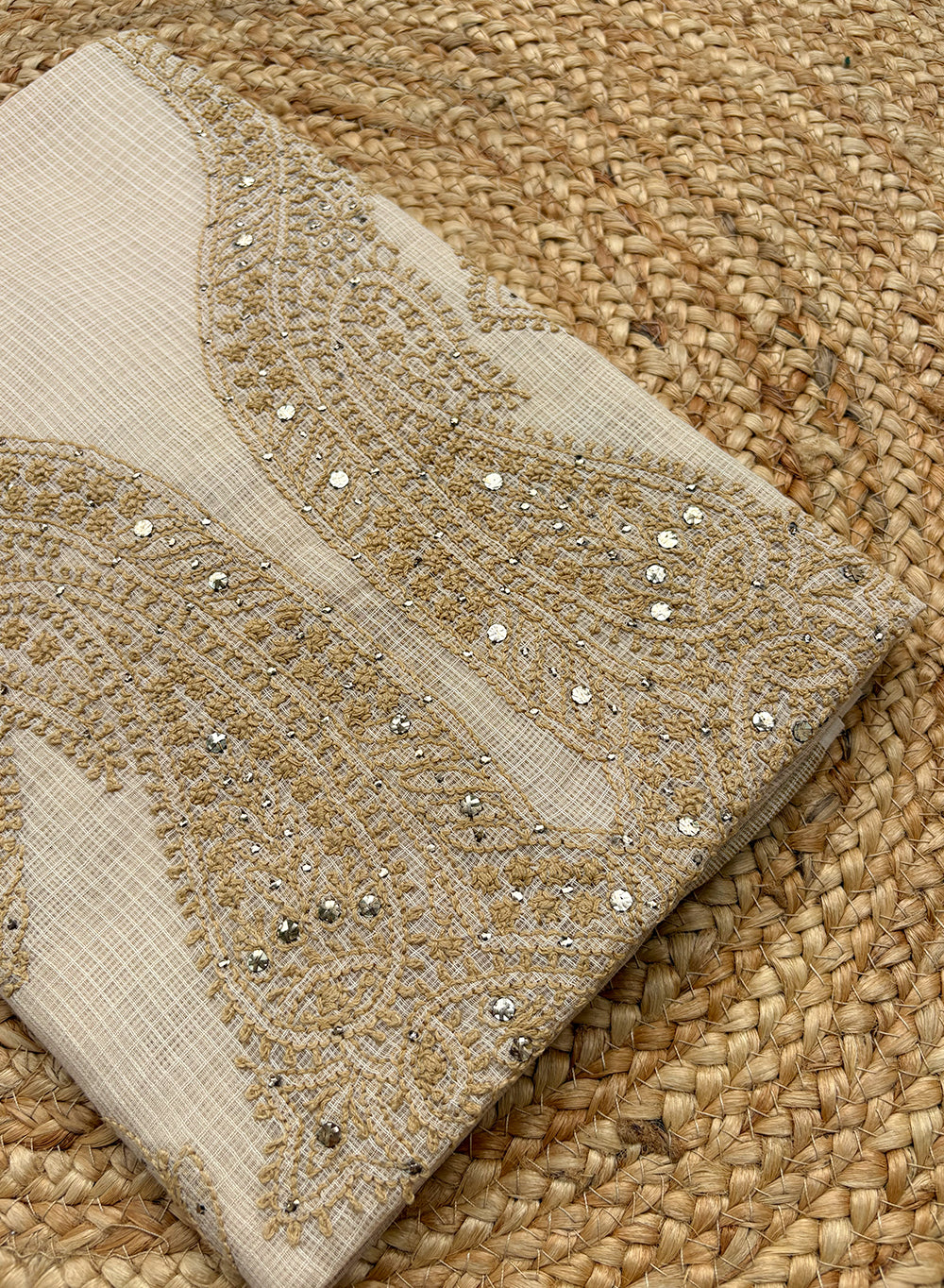 Beige - Dhoop Kinaray Kota Chikankari Kurta Fabric