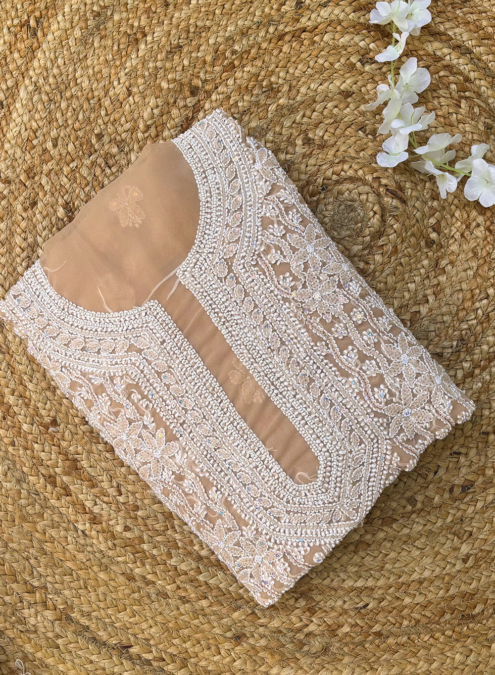 Beige Moti Sequin Georgette Chikankari - Nayaab Full Dress Set