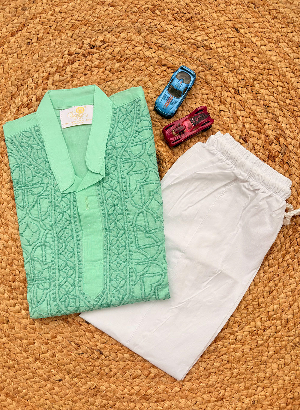 Turquoise Front Jaal - Cotton Chikankari Kurta With Self Thread Work & Pajama