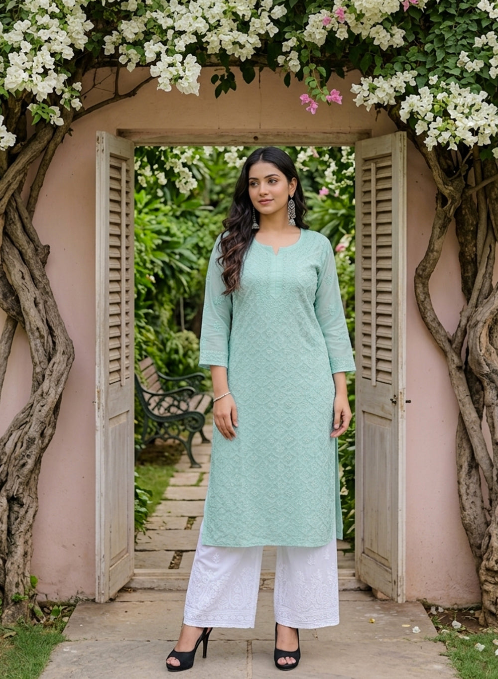 Ada Teal - Bahaar Muslin Front Jaal Chikankari Kurta