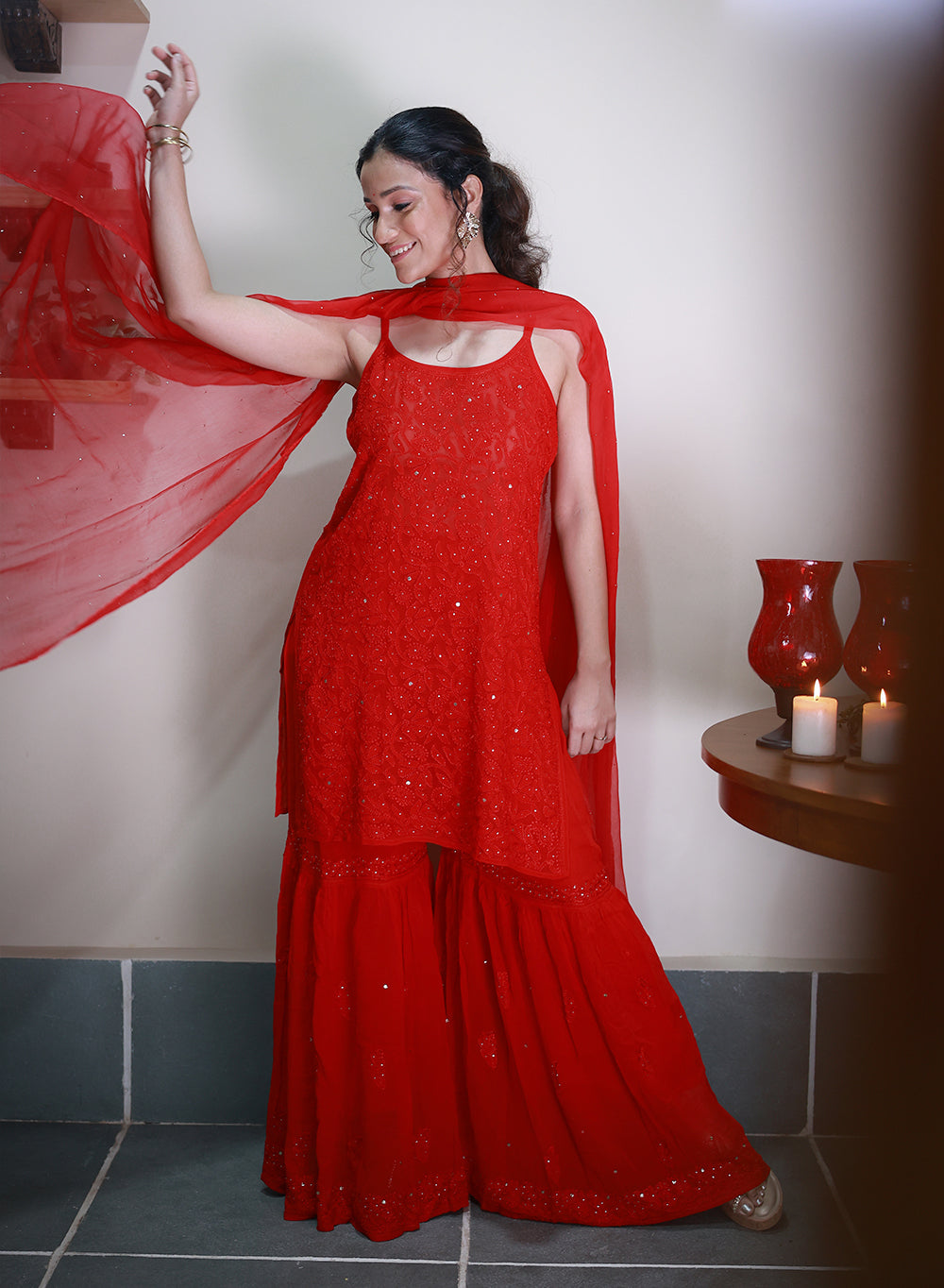 Kanak Red - Nargis Viscose Noodle Strap Chikankari Kurta & Gharara Set