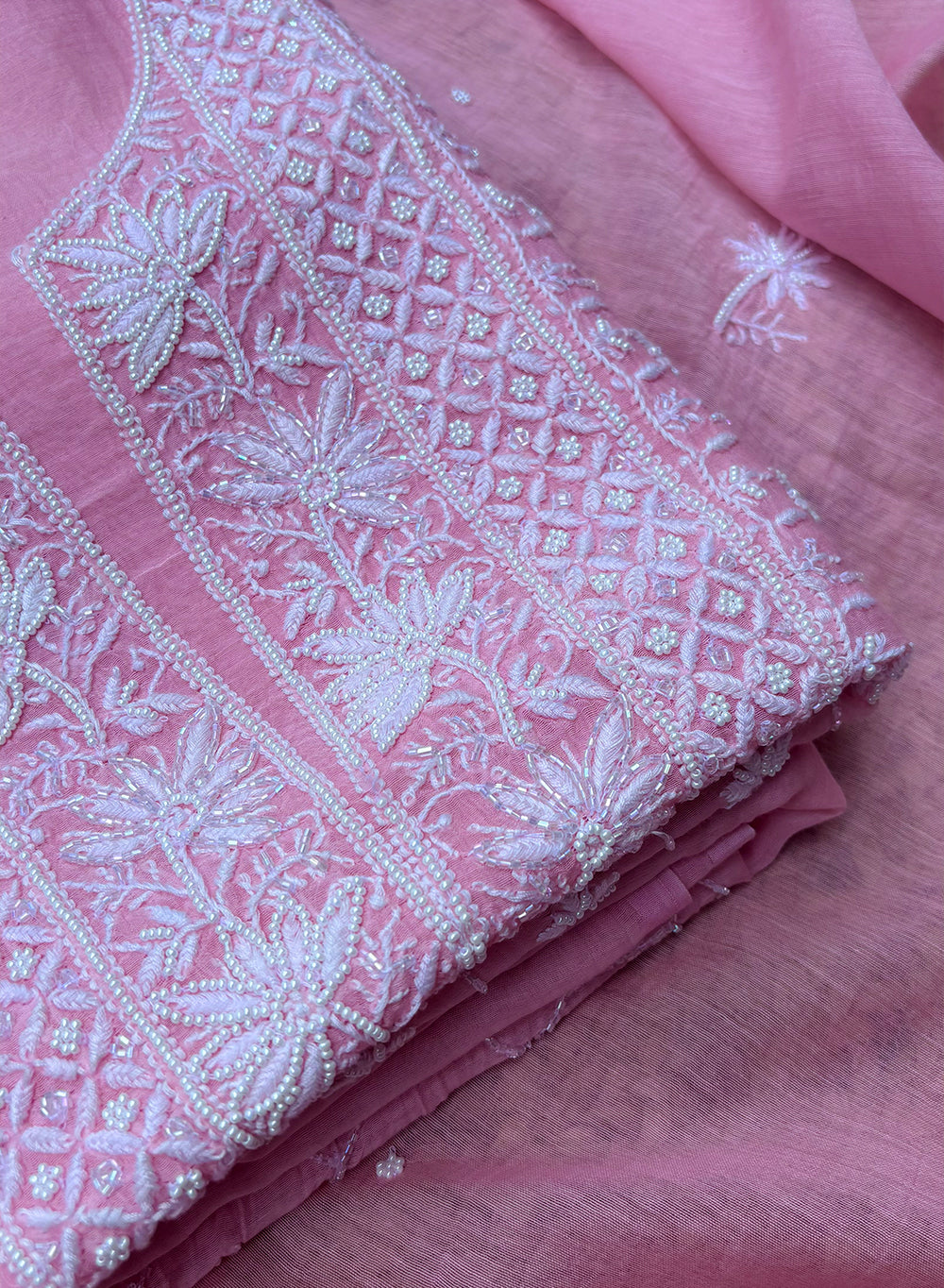 Baby Pink - Nayaab Mul Chanderi Chikankari Dress Material With Moti & Katdana Work