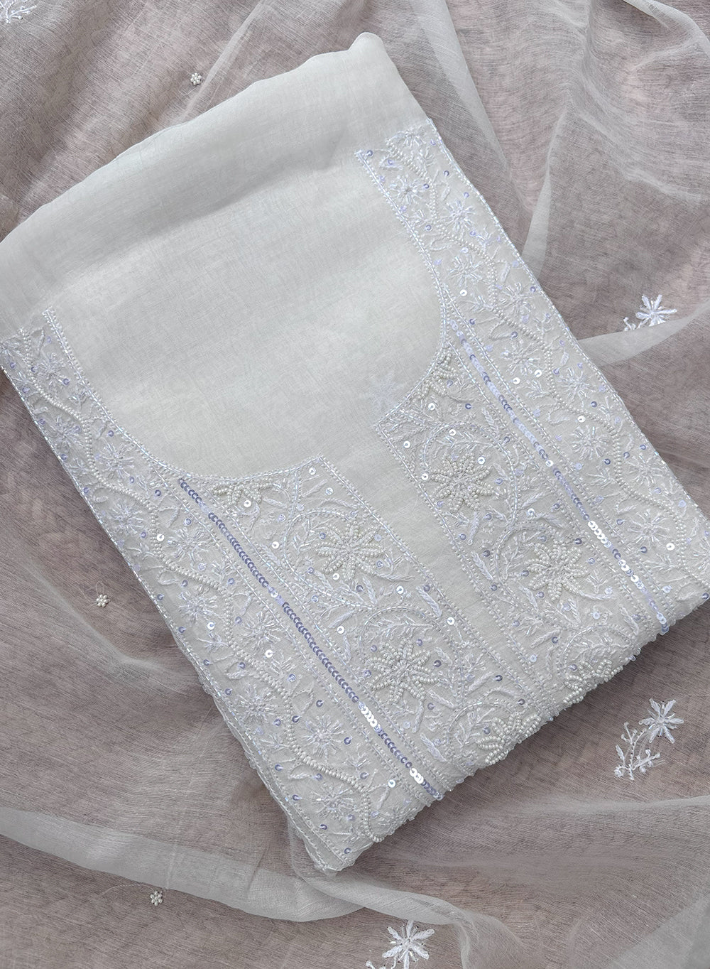 White - Dhoop Kinaray Mul Chanderi Chikankari Kurta Fabric With Moti & Sequin Work