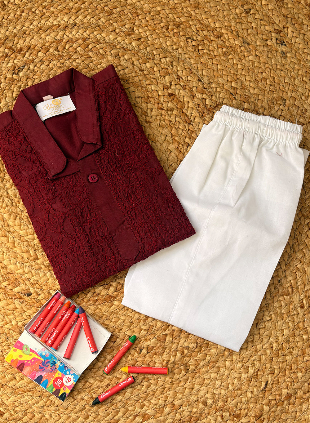 Maroon Front Jaal - Cotton Chikankari Kurta With Self Thread Work & Pajama