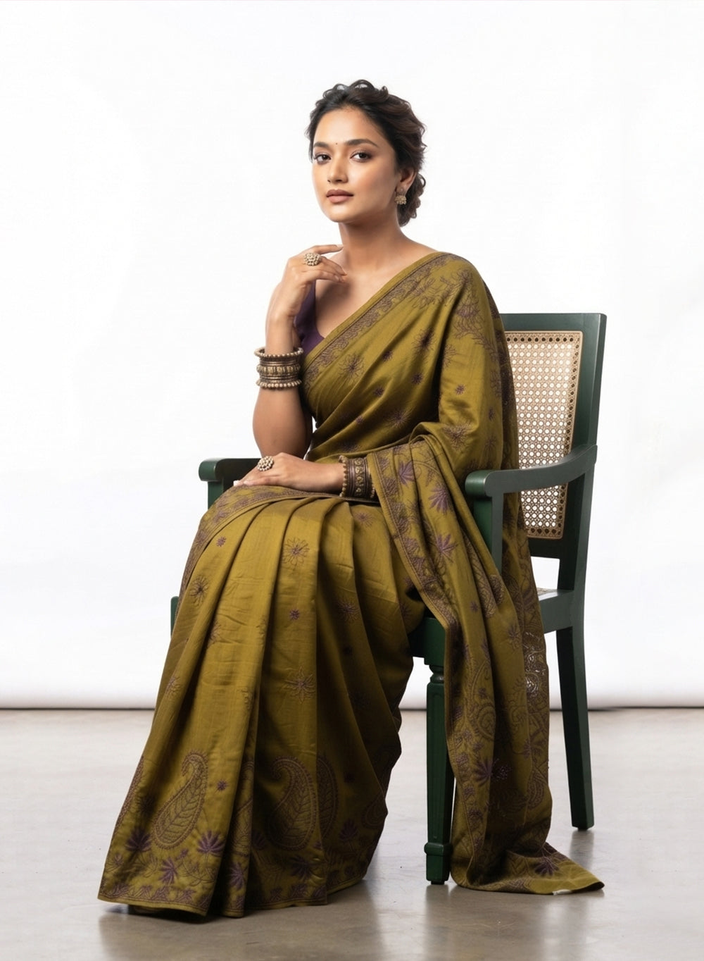 Olive Green - Aks Silk Chikankari Saree