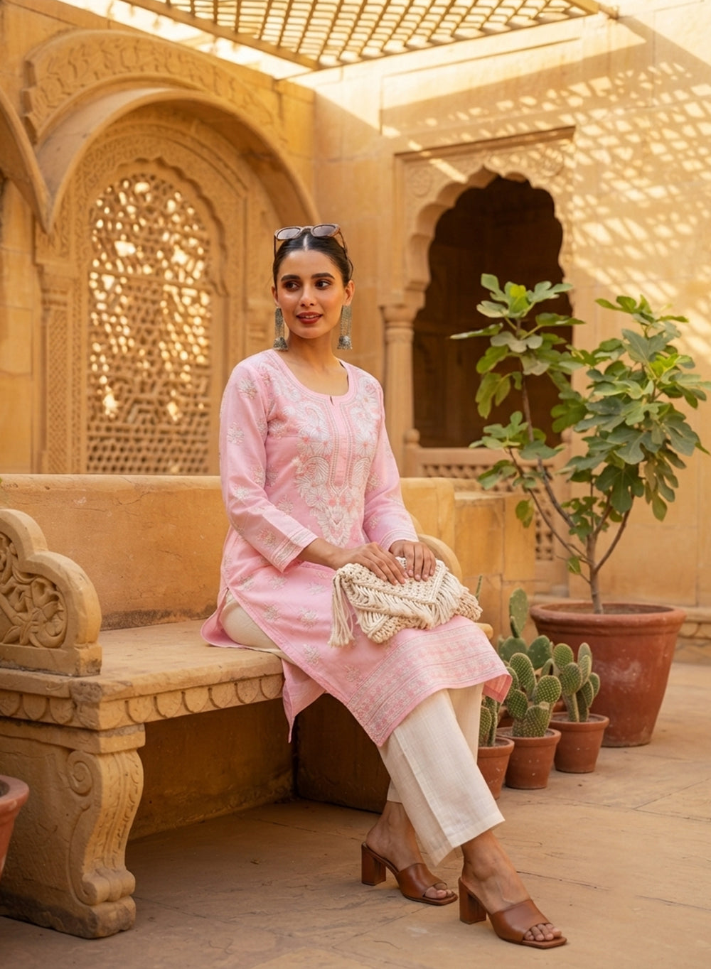 Pink With Green Thread Work - Bahaar Cotton Terry Voile Chikankari Kurta With Slip