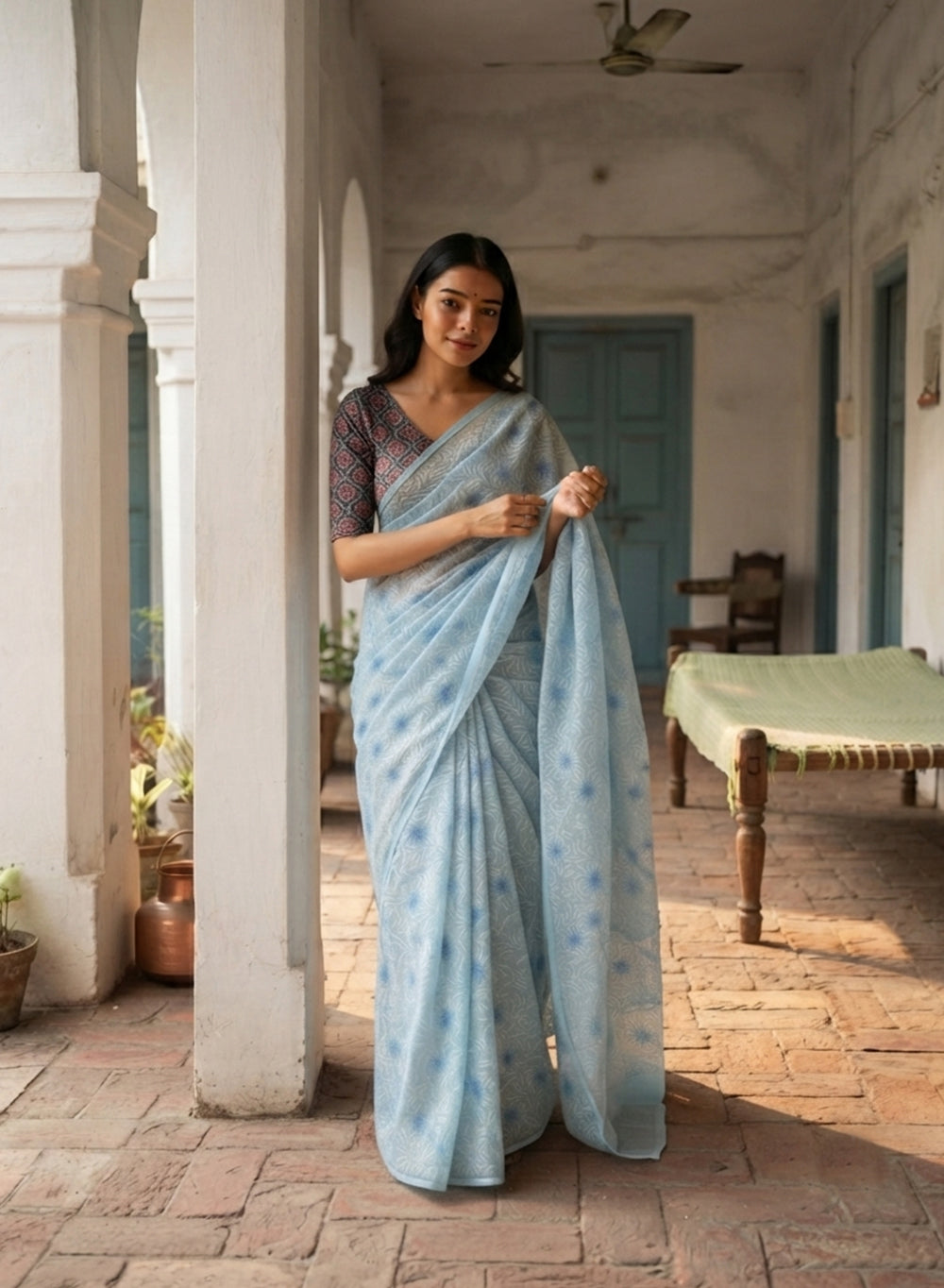 Guncha Sky Blue - Dual Thread Aks Cotton Tepchi Chikankari Saree
