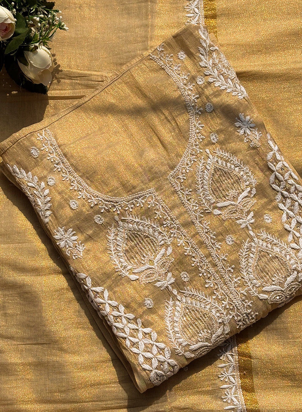 Golden - Nayaab Tissue Chanderi Semi-Stitched Panel Design Chikankari Kurta & Dupatta Fabric With Katdana Work