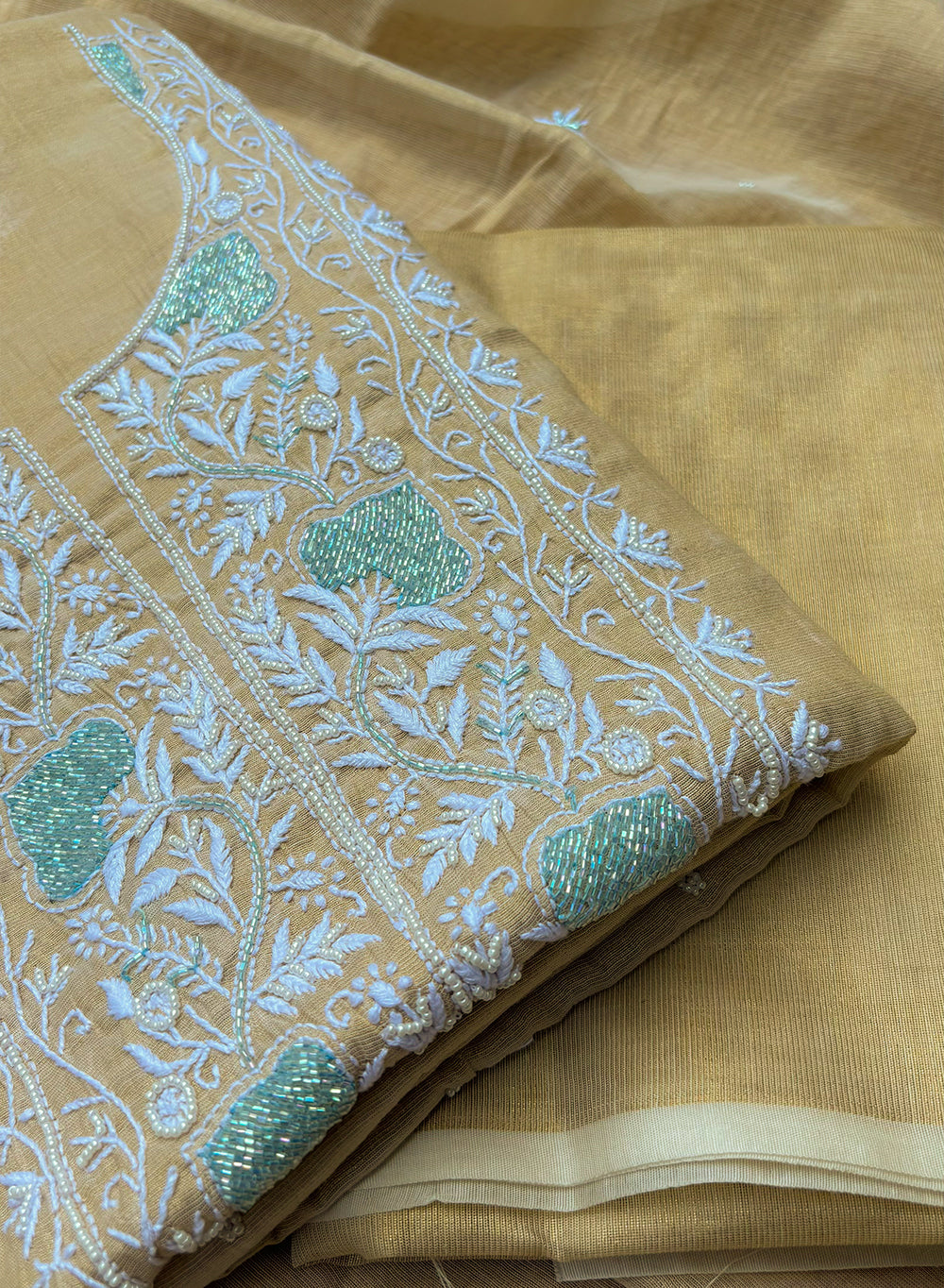 Golden & Blue - Nayaab Mul Chanderi Chikankari Dress Material With Moti & Katdana Work