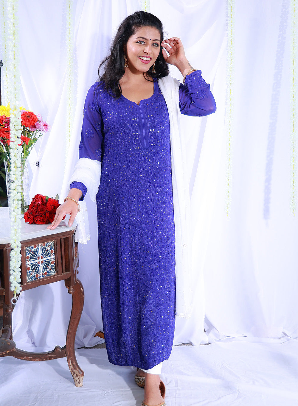 Nazakat Royal Blue - Anjuman Viscose Ombre Full Jaal Chikankari Kurta