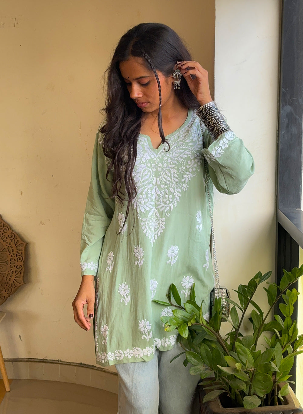 Sabaa Green - Rayon Gulshan Chikankari Chikankari Short Top