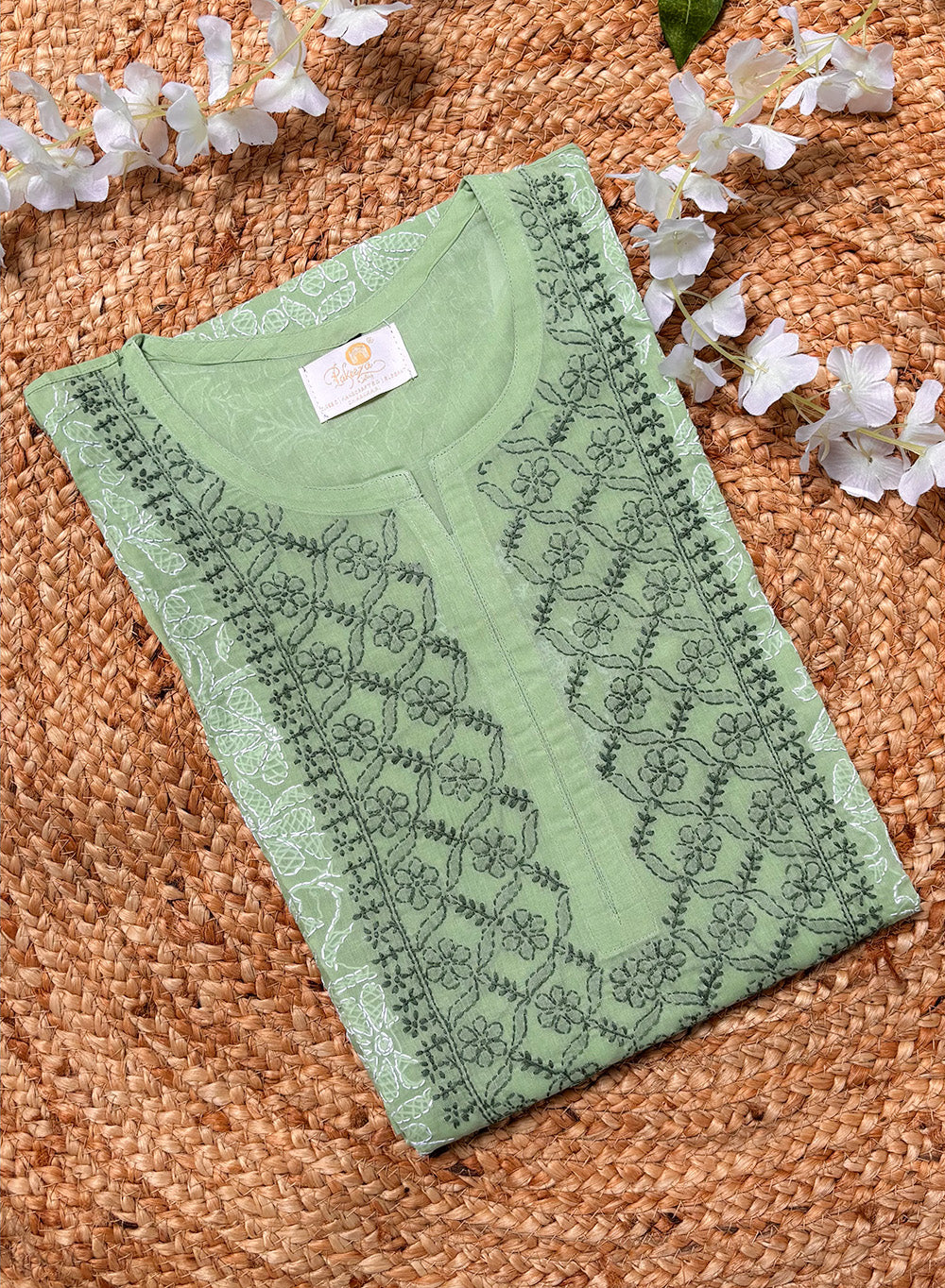 Green - Cotton Terry Voile Bahaar Chikankari Kurta