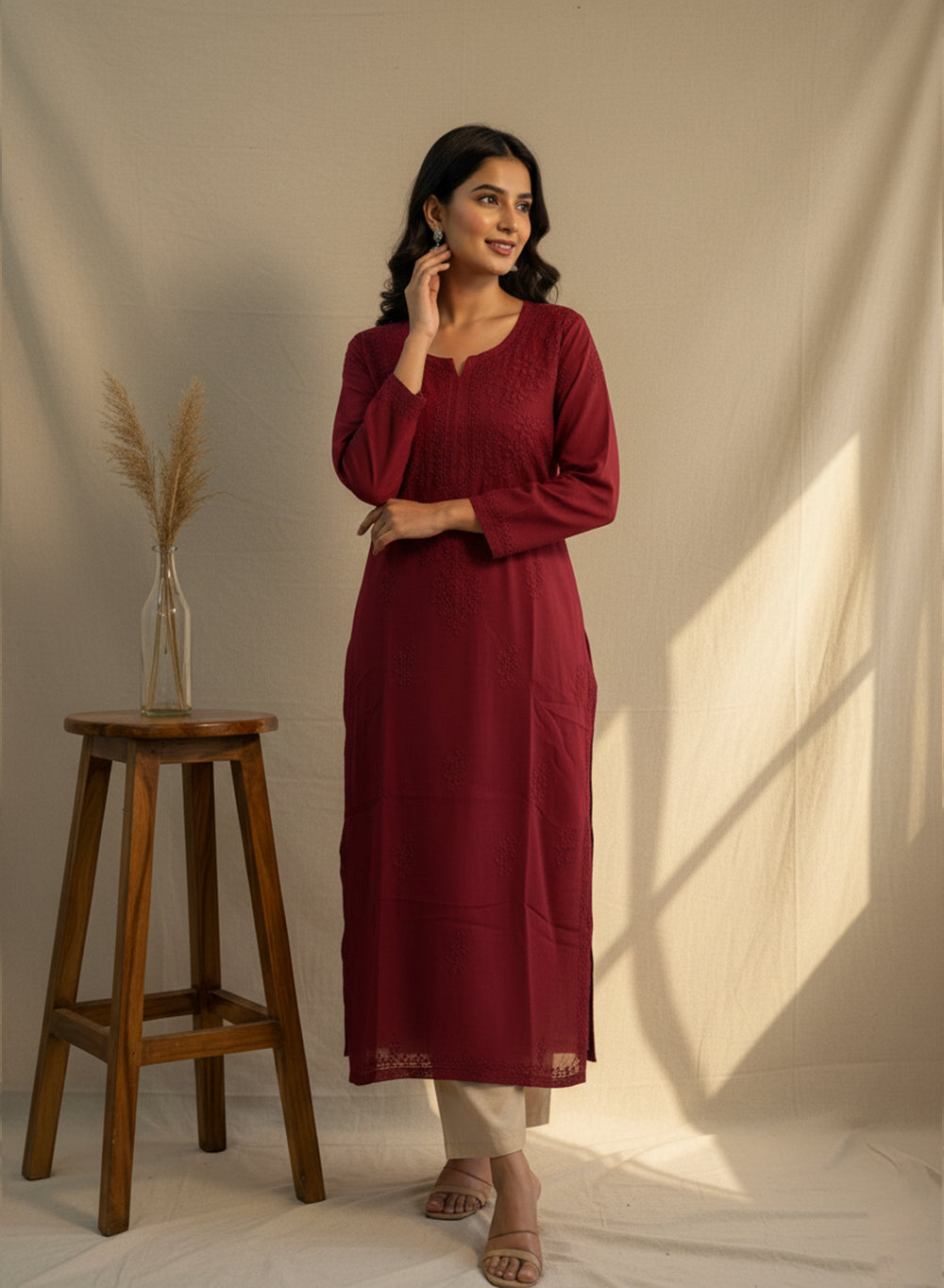 Sadgi Wine - Bahaar Muslin Solid Chikankari Kurta