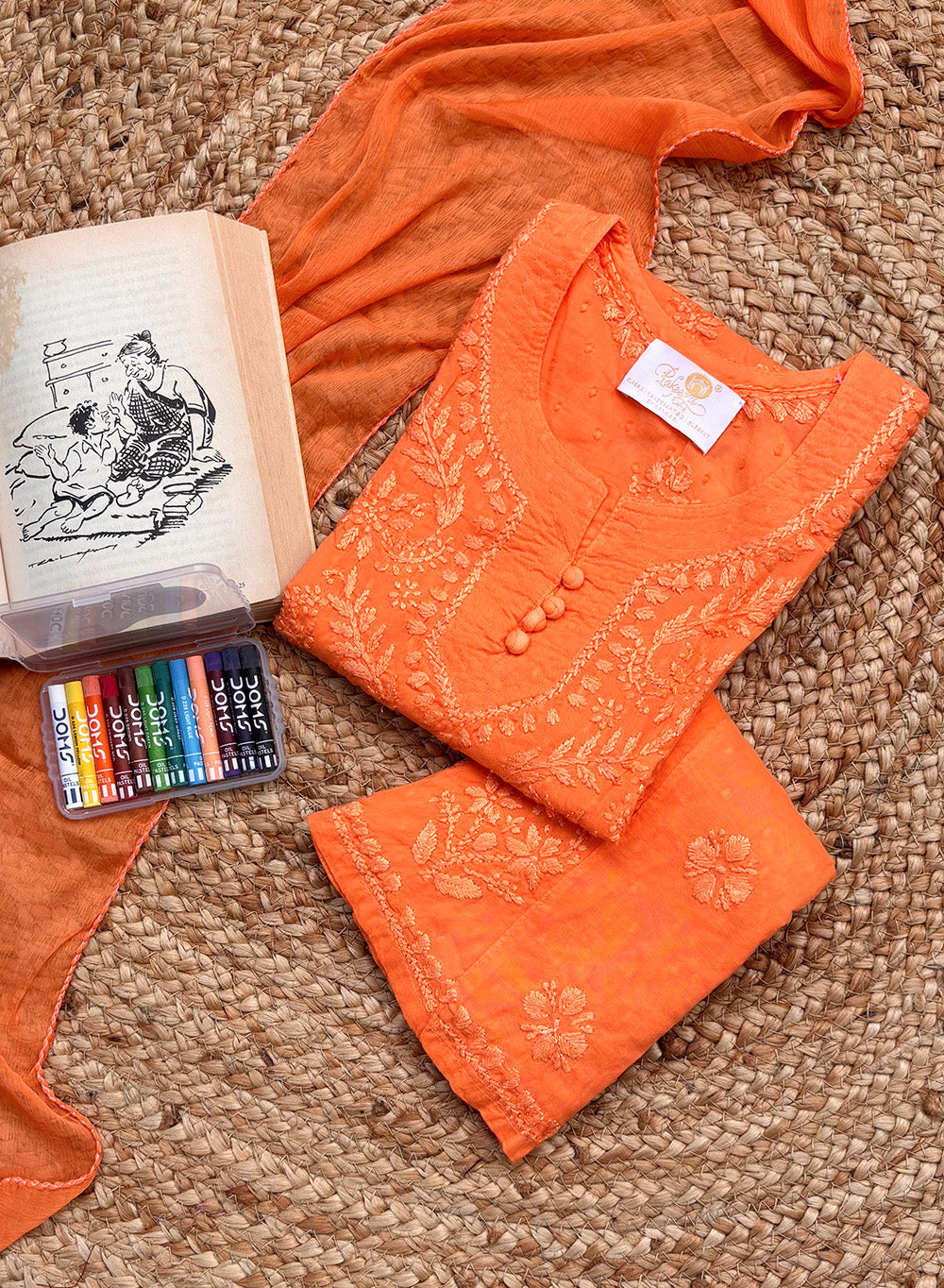 Pihu Orange - Dobby Cotton Chikankari Kidswear Set