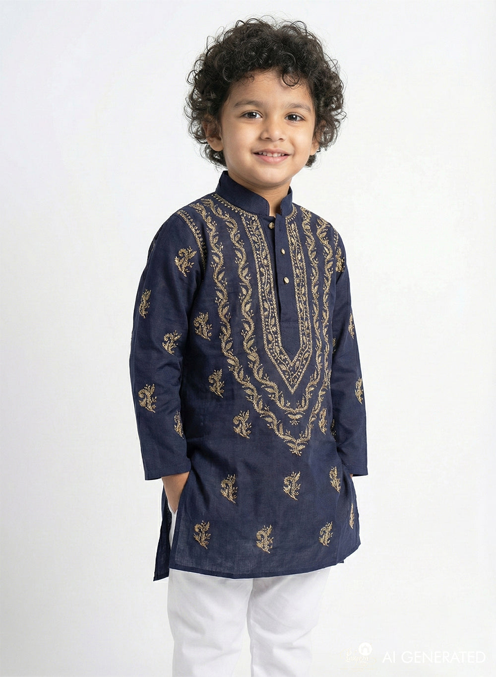 Navy Blue & Brown - Cotton Chikankari Kurta
