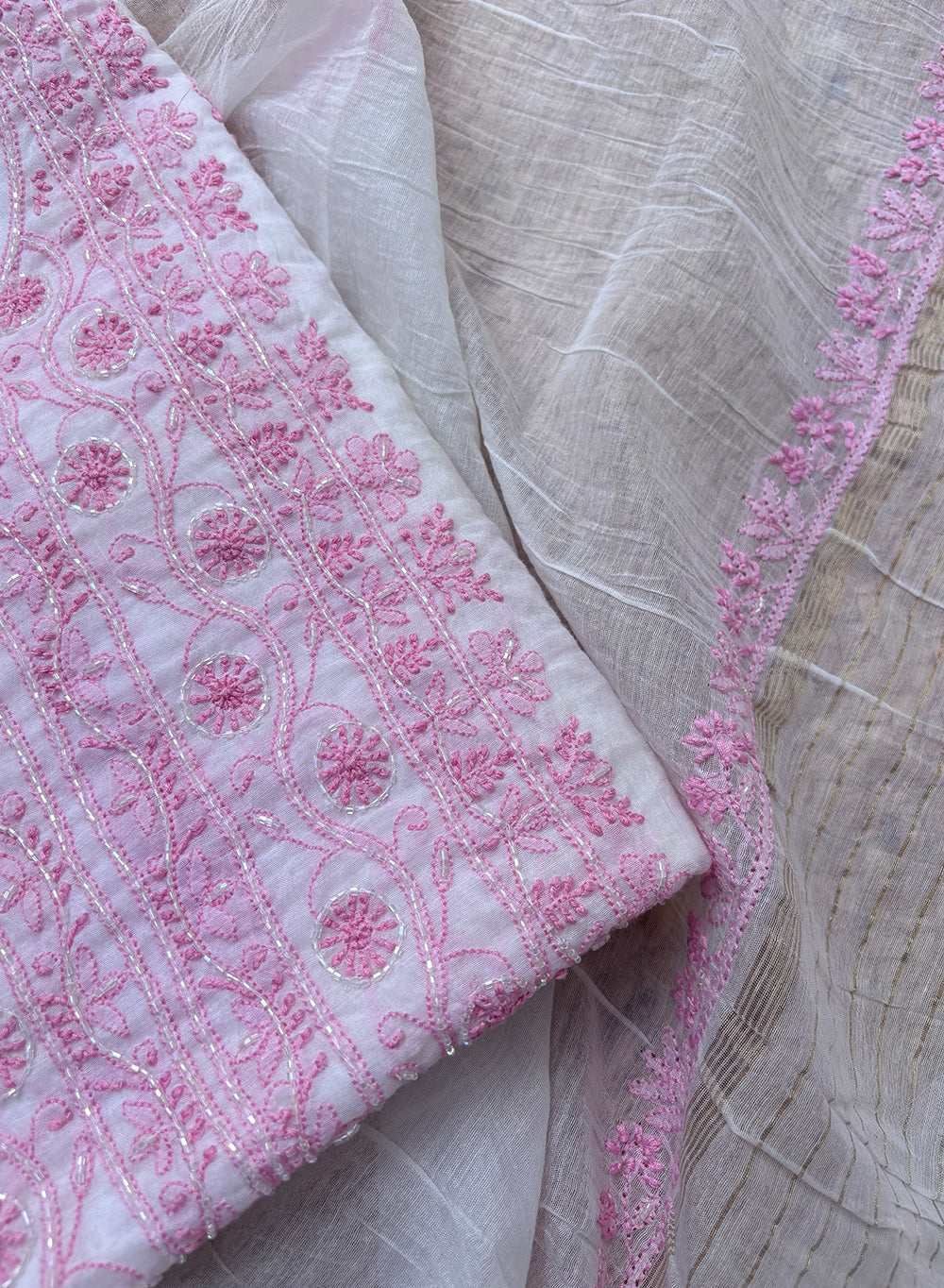 White & Baby Pink - Moti & Katdana Nayaab Mul Chanderi Kurta & Dupatta Set