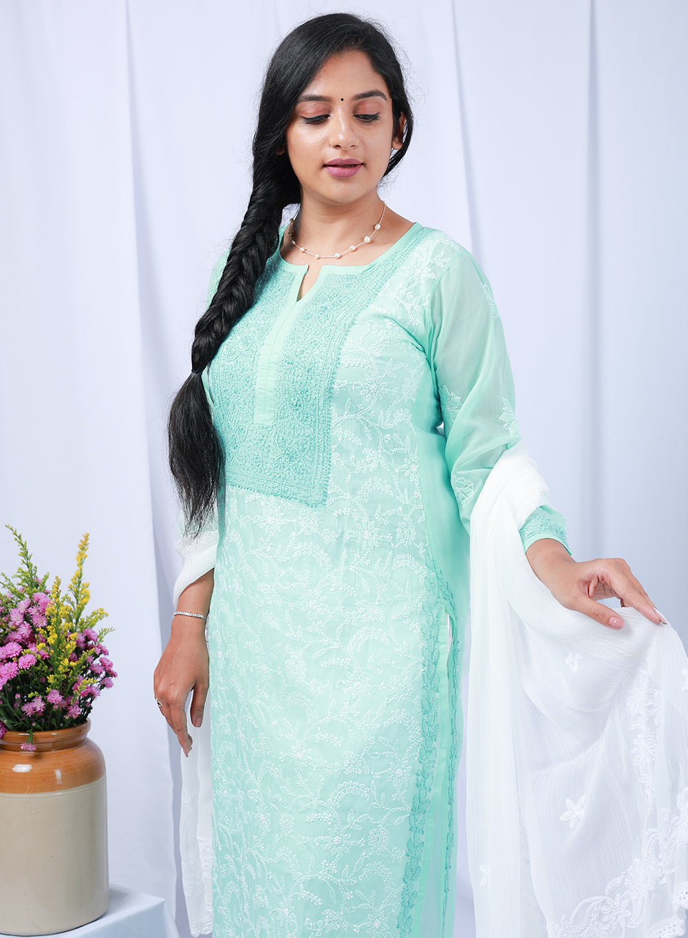 Mehak Sea Green - Cotton Terry Voile Bahaar Chikankari Kurta