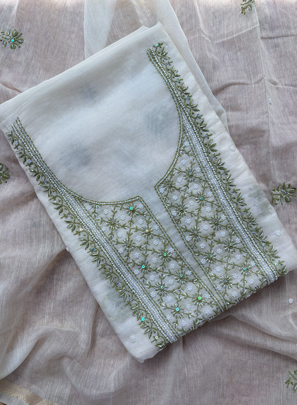White & Olive Green - Moti & Katdana Nayaab Mul Chanderi Kurta & Dupatta Set