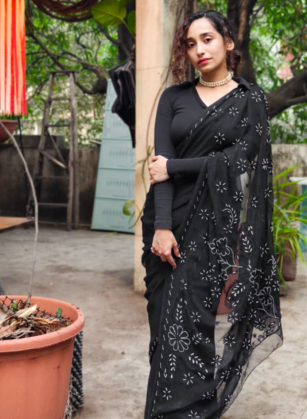 Black Katdana - Aks Georgette Chikankari Saree