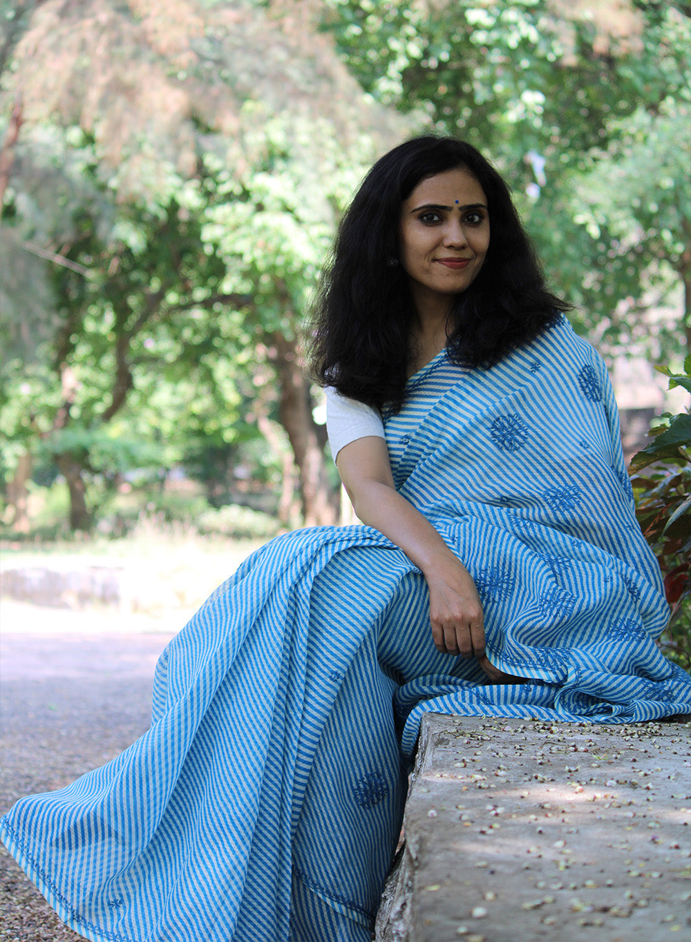 Blue Lehariya - Kota Aks Cotton Chikankari Saree