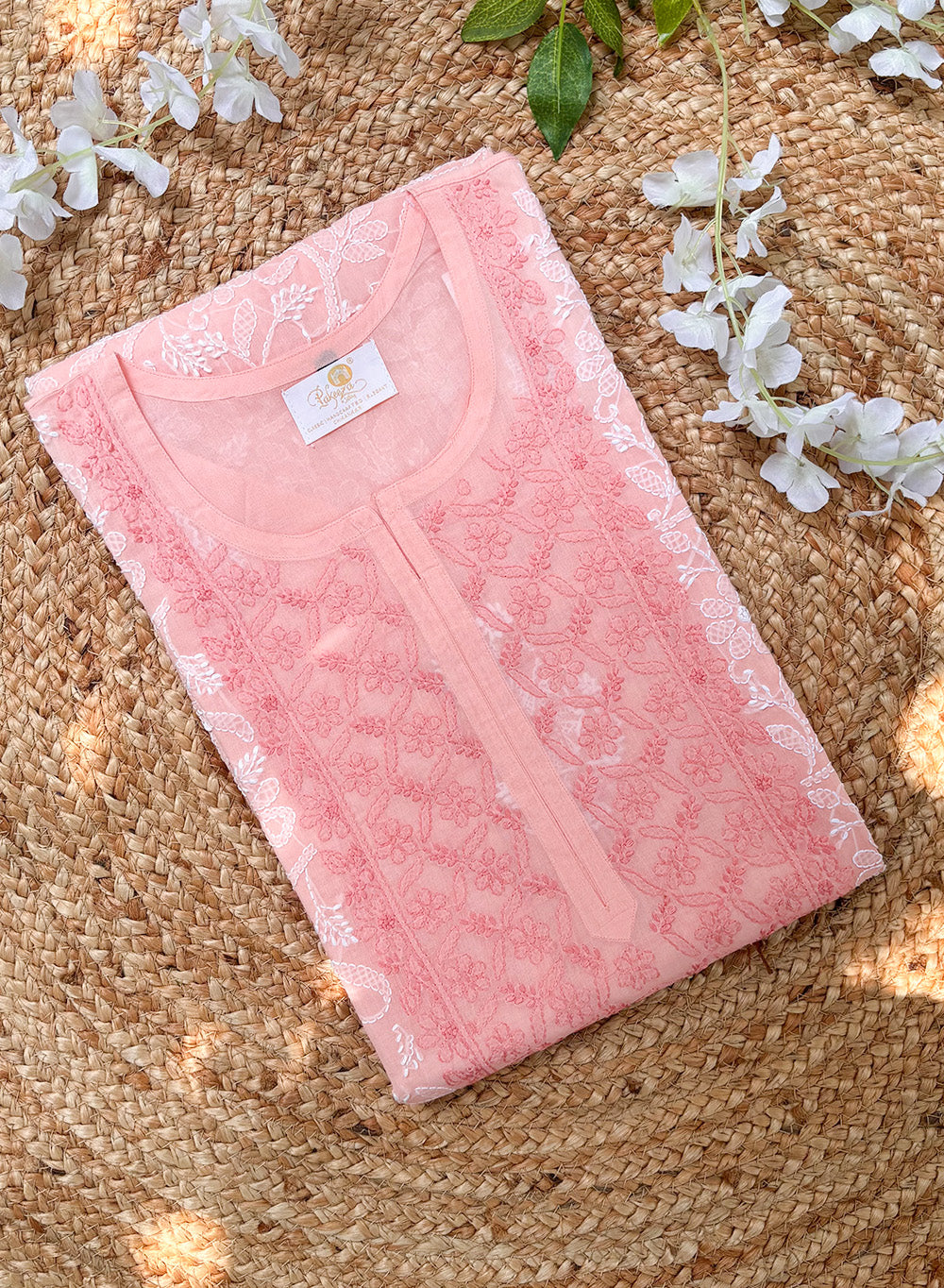 Peach - Cotton Terry Voile Bahaar Chikankari Kurta