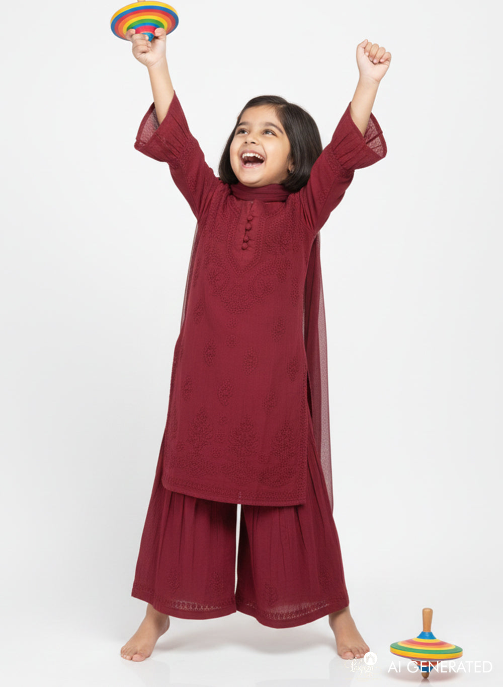 Pihu Maroon - Dobby Cotton Chikankari Kidswear Set
