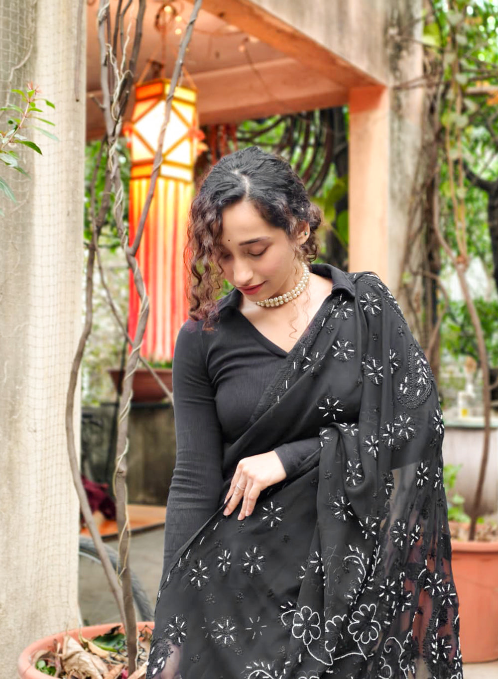 Black Katdana - Aks Georgette Chikankari Saree