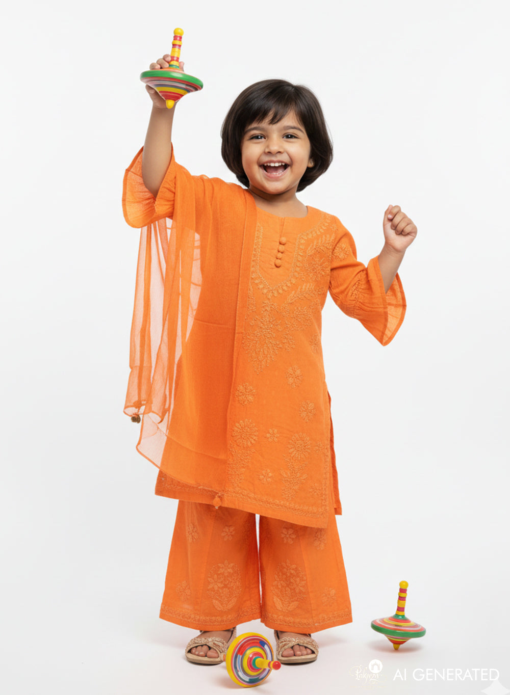 Pihu Orange - Dobby Cotton Chikankari Kidswear Set