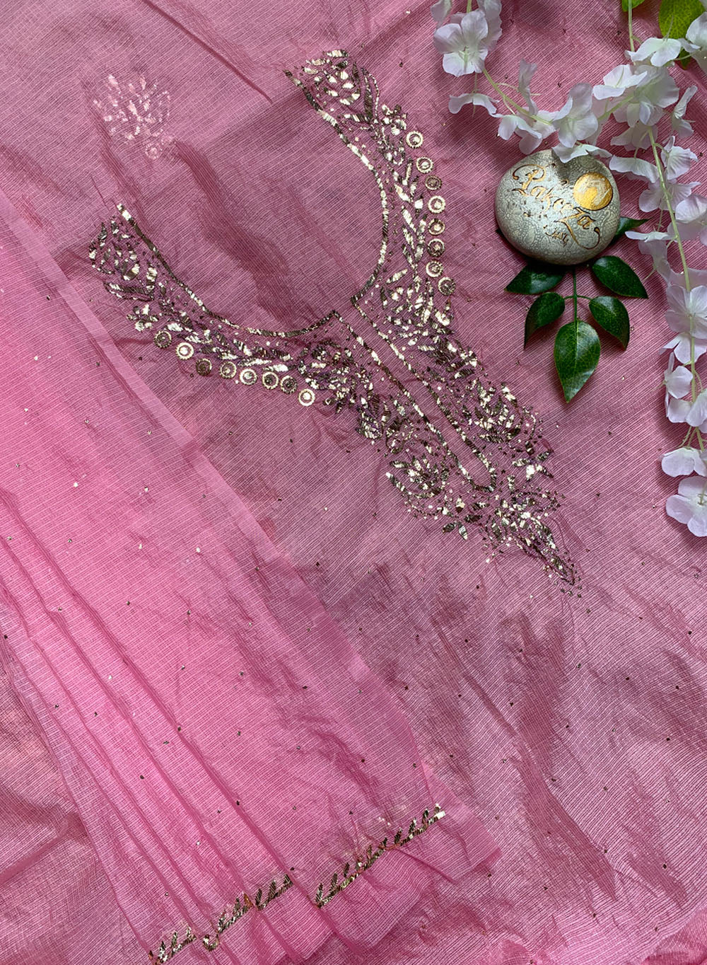 Ada Pink Mukaish - Nayaab Chanderi Chikankari Kota Fabric