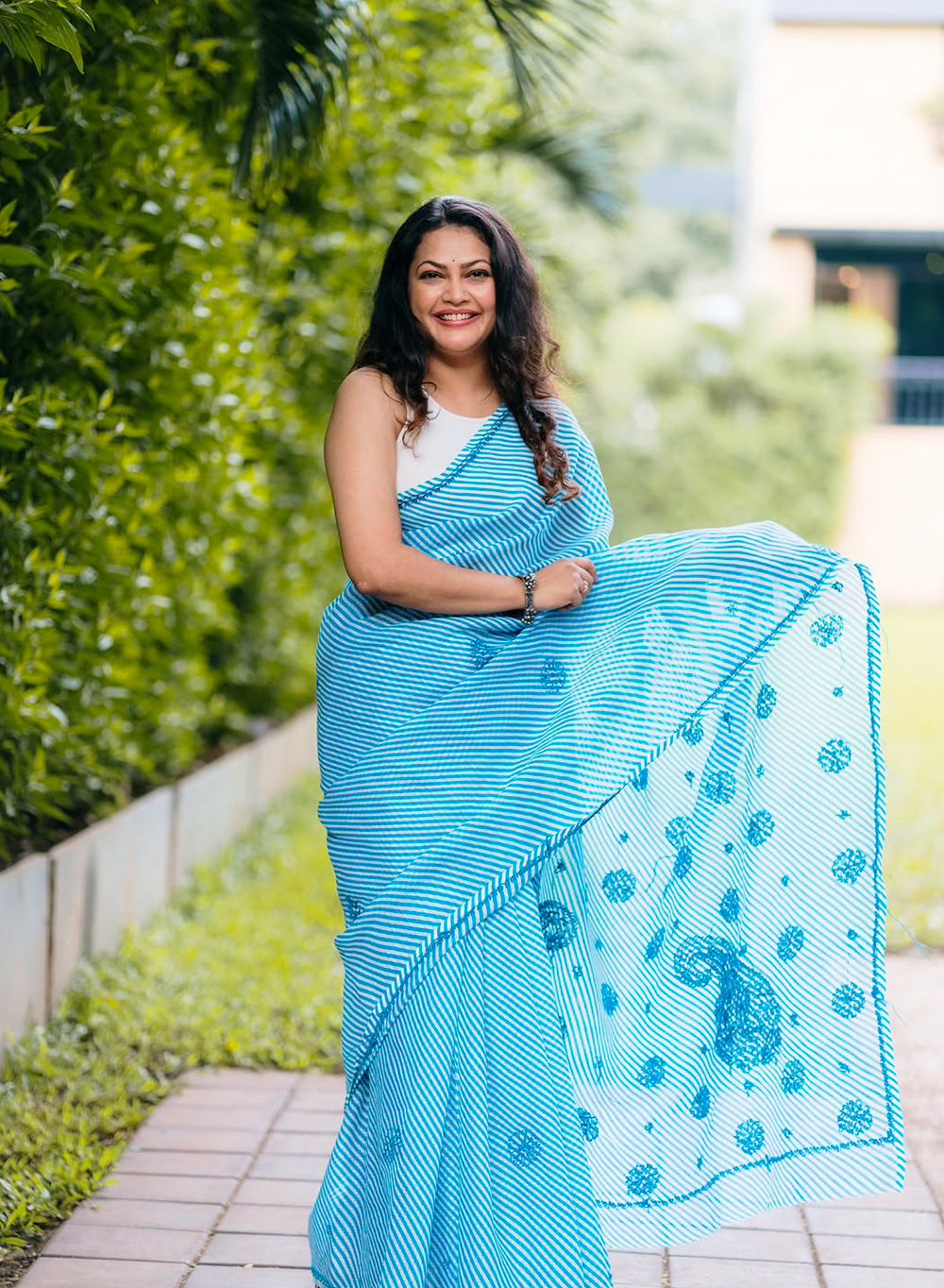 Blue Lehariya - Kota Aks Cotton Chikankari Saree