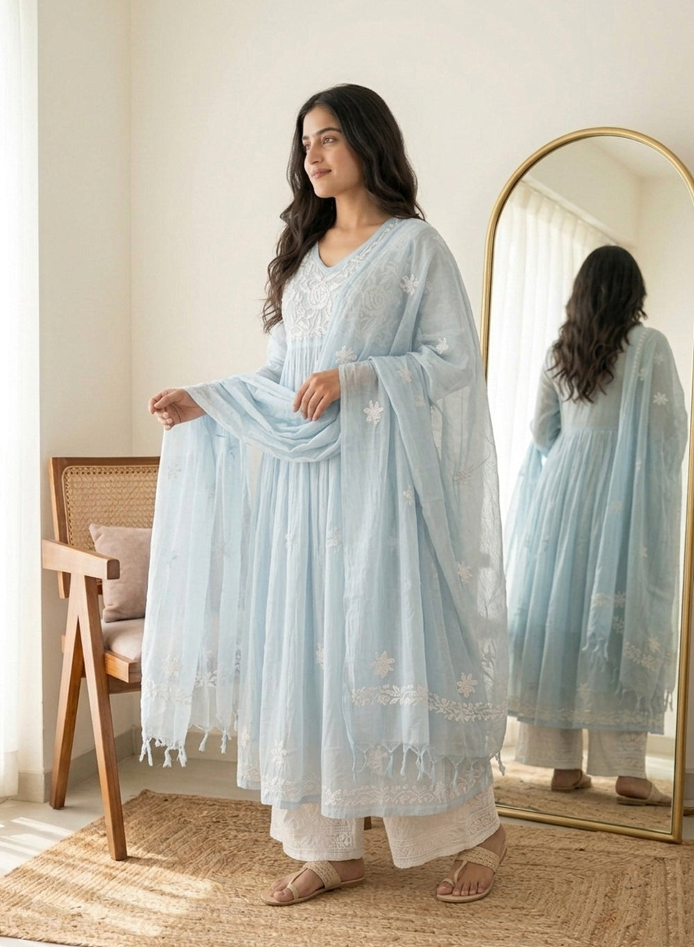 Anokhi Powder Blue - Mul Chanderi Nargis Chikankari Kurta & Dupatta Set