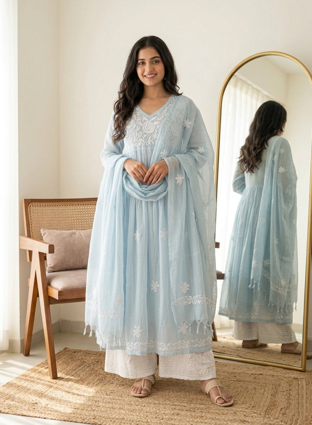 Anokhi Powder Blue - Mul Chanderi Nargis Chikankari Kurta & Dupatta Set
