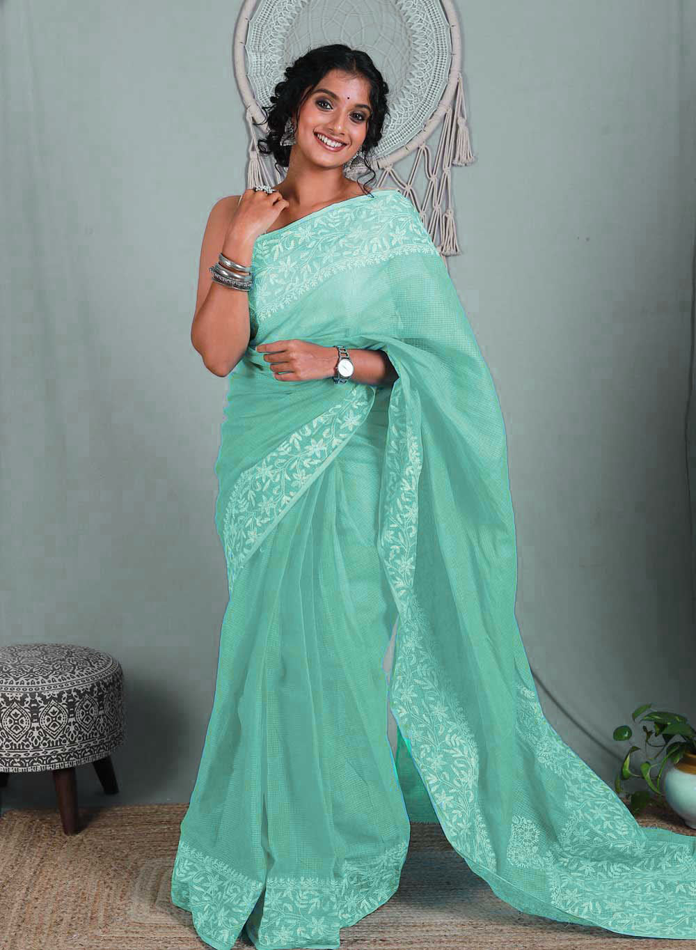 Aparajita Turquoise - Aks Kota Cotton Chikankari Saree