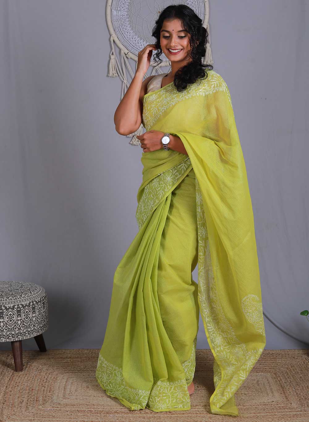 Aparajita Olive Green - Aks Kota Cotton Chikankari Saree