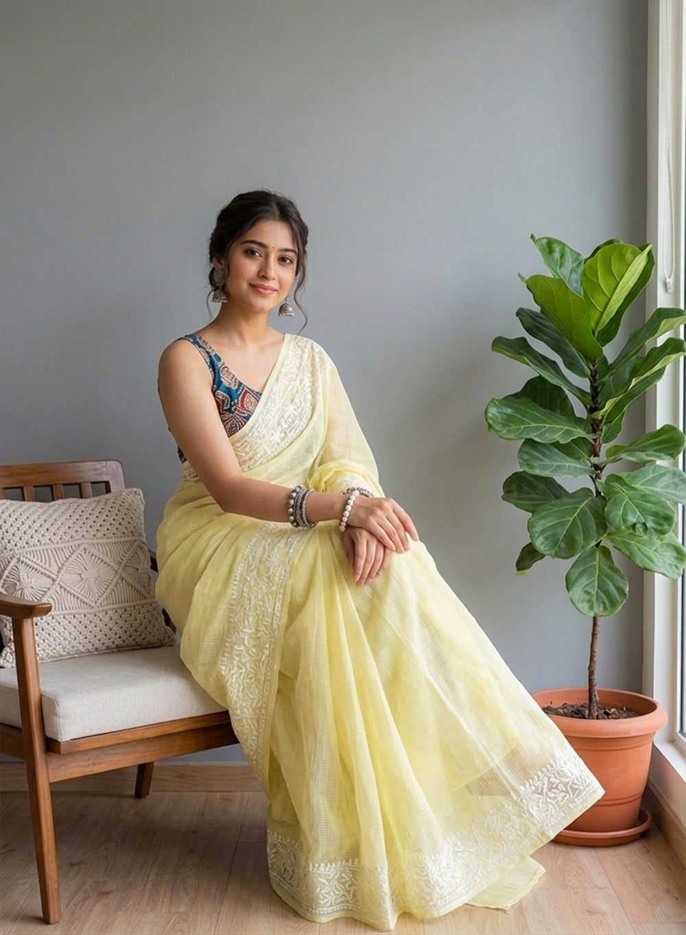 Aparajita Powder Yellow - Aks Kota Cotton Chikankari Saree