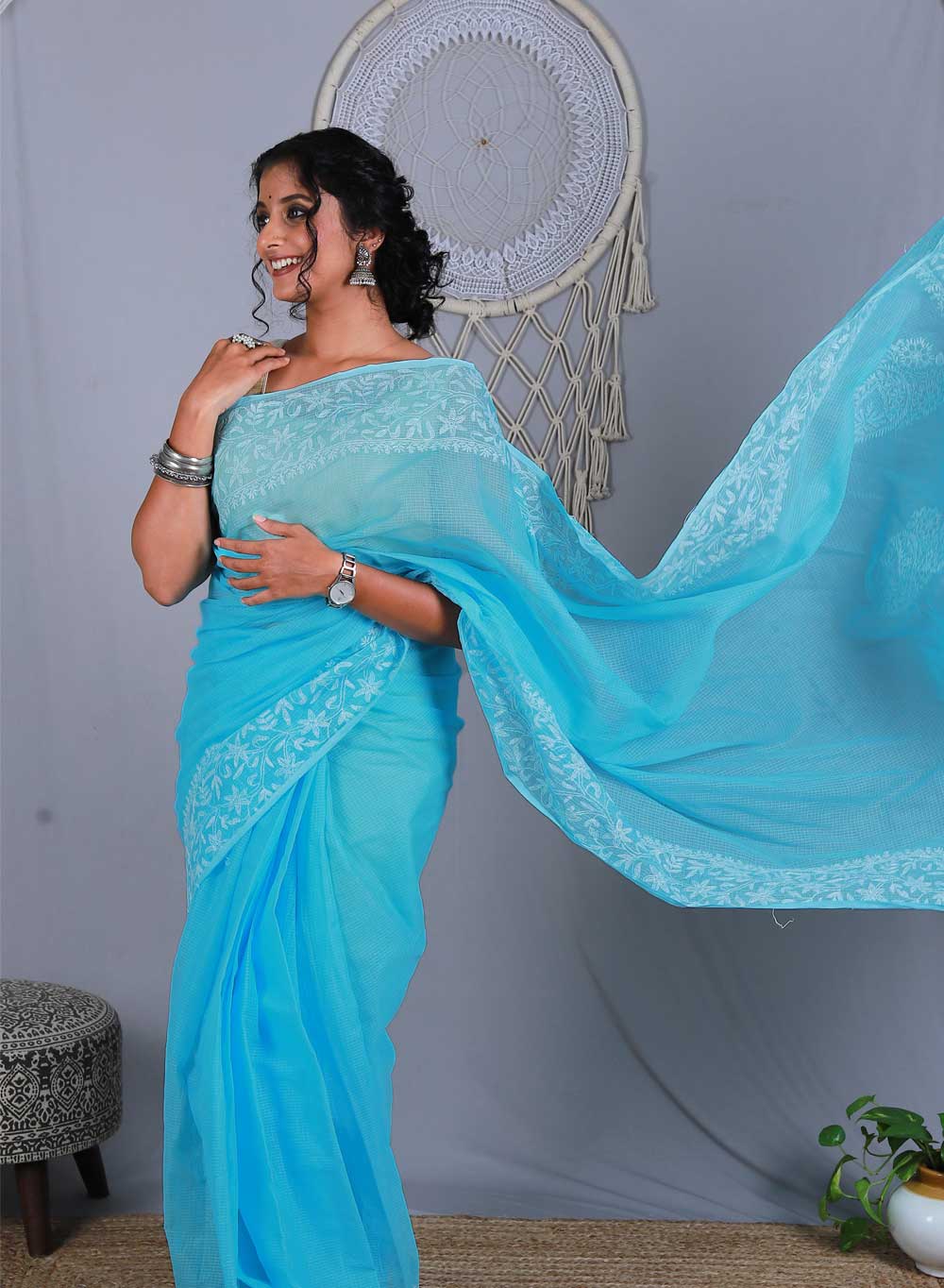 Aparajita Blue - Aks Kota Cotton Chikankari Saree