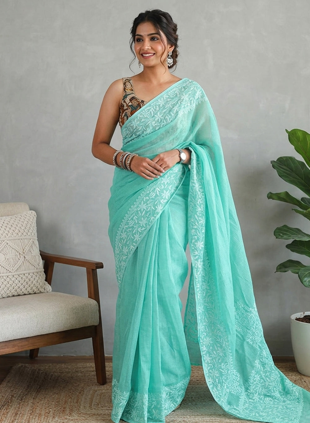 Aparajita Turquoise - Aks Kota Cotton Chikankari Saree