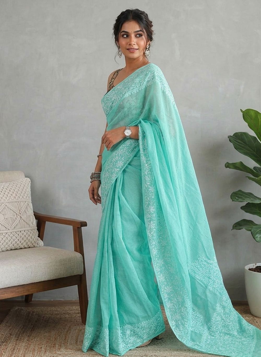 Aparajita Turquoise - Aks Kota Cotton Chikankari Saree
