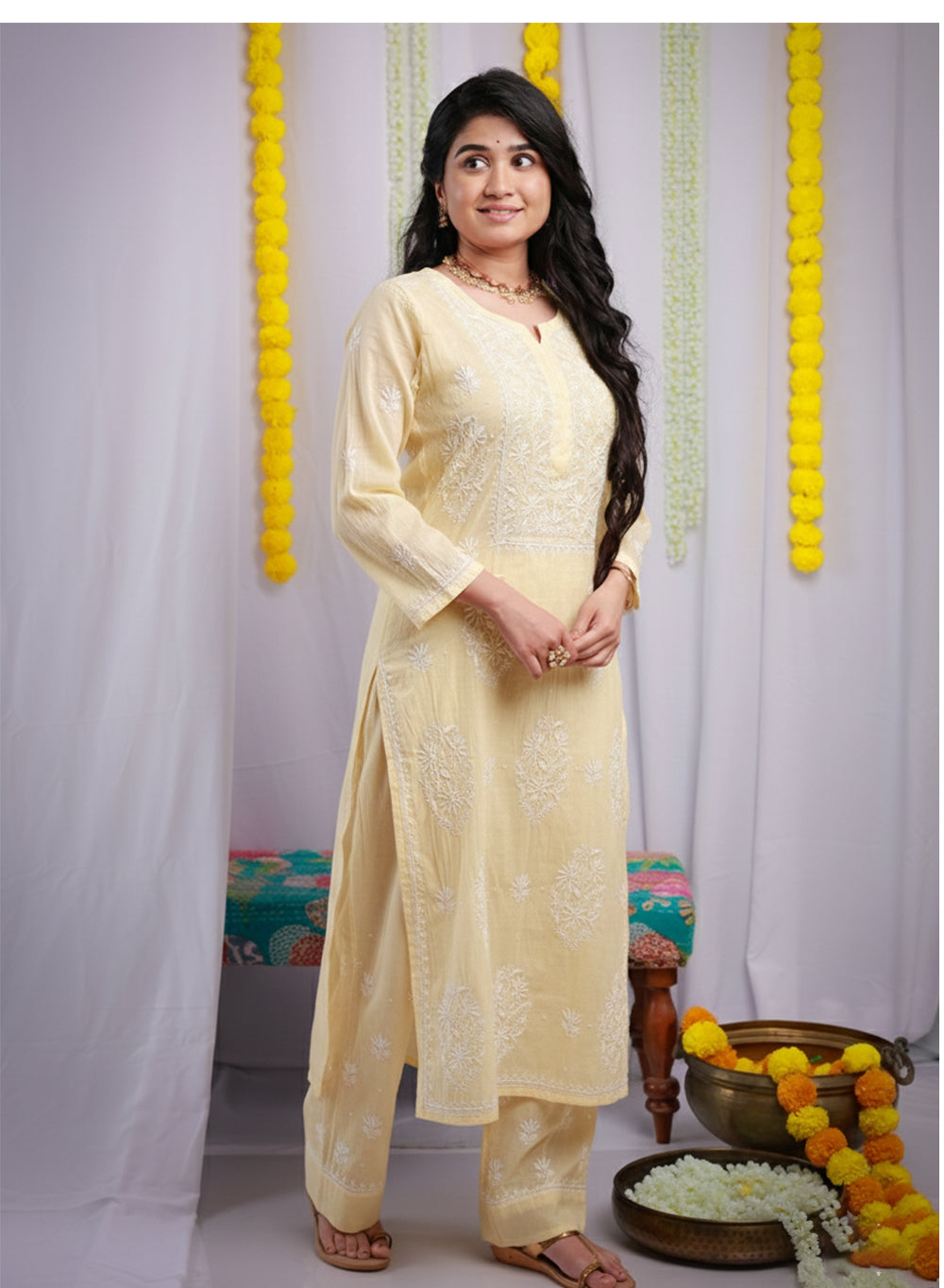 Eraya Beige - Mul Chanderi Nargis Chikankari Set