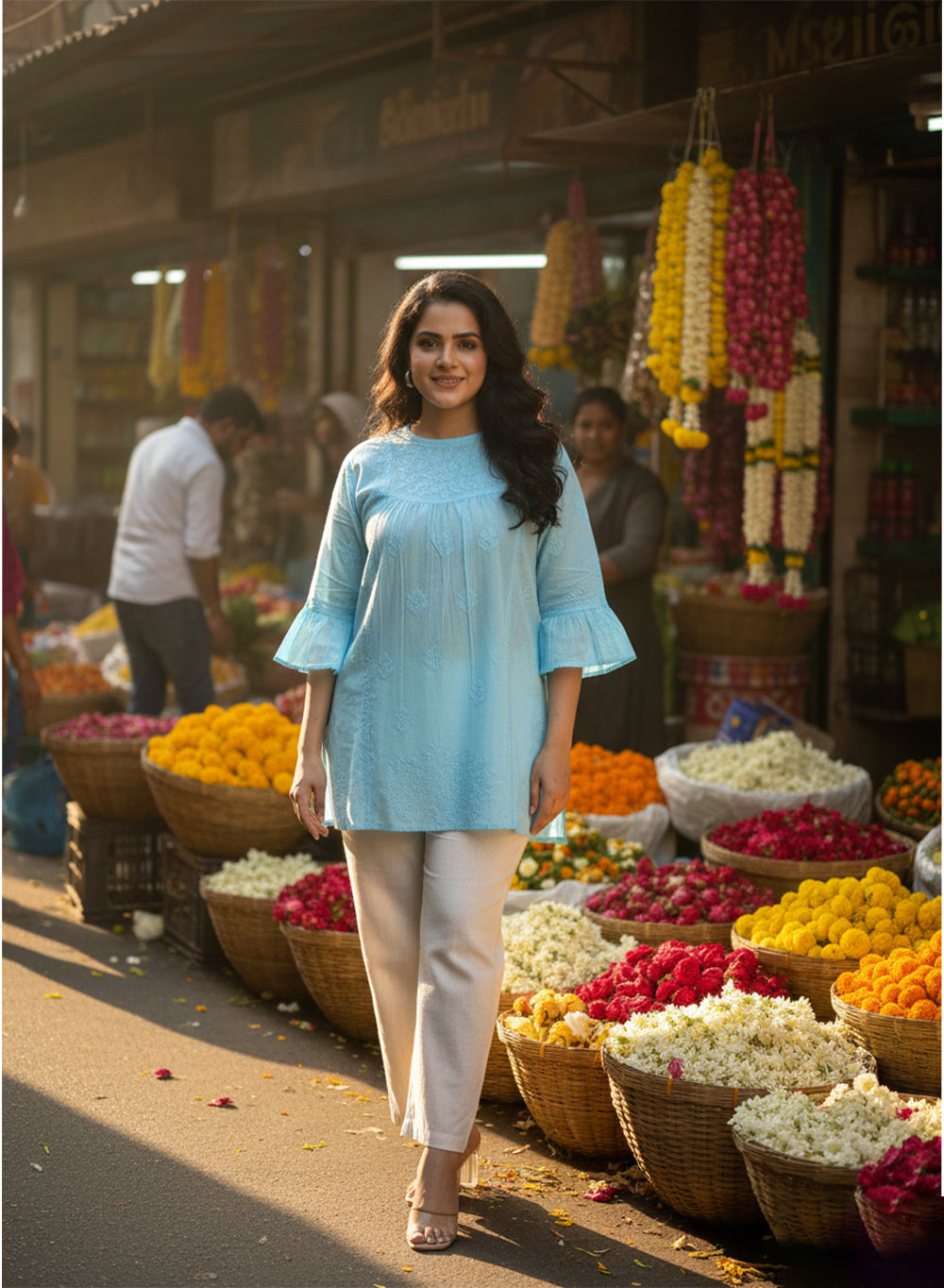 Sky Blue Bell Sleeves - Pure Cotton Gulshan Chikankari Short Top