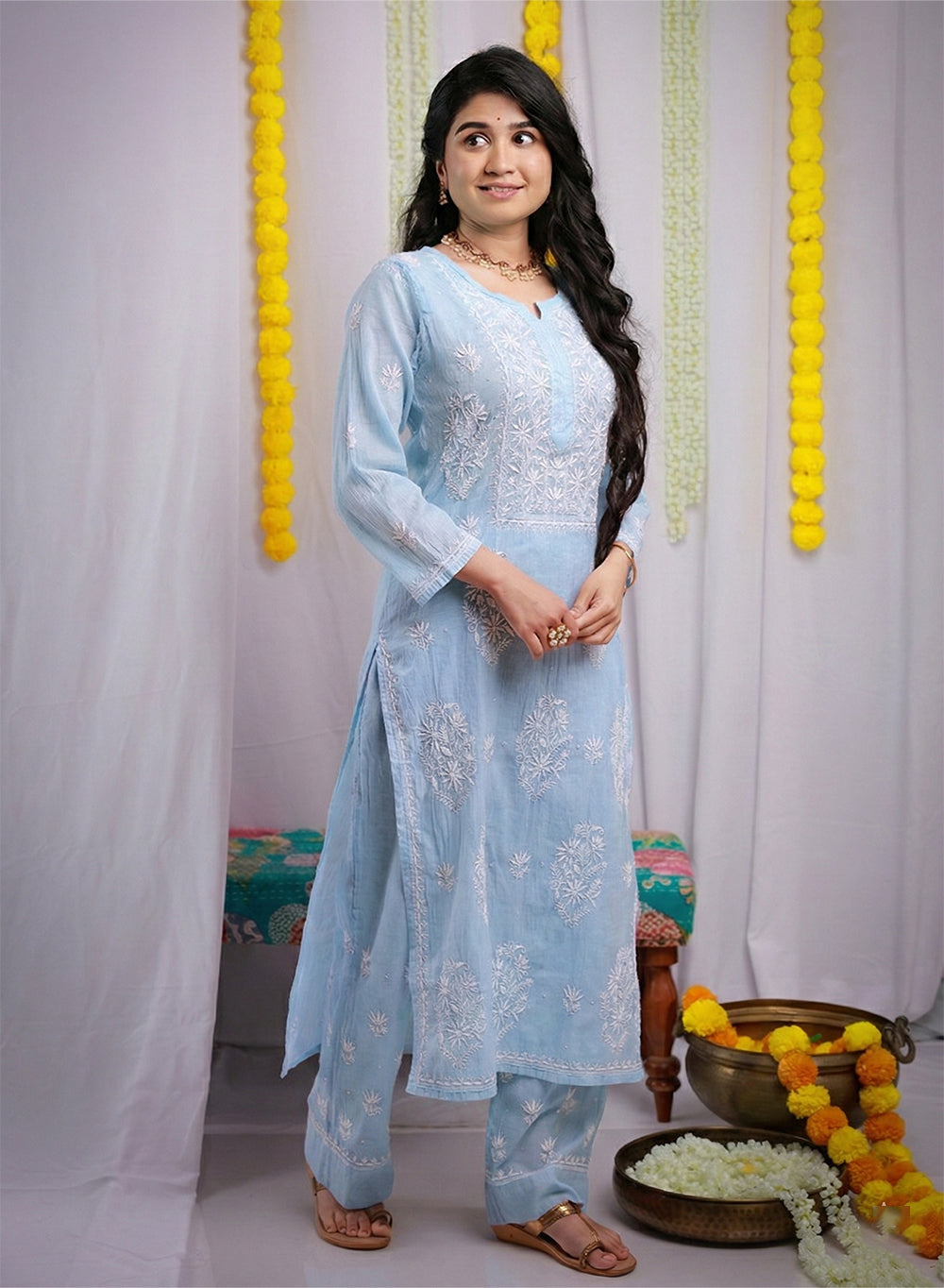 Eraya Baby Blue - Mul Chanderi Nargis Chikankari Set