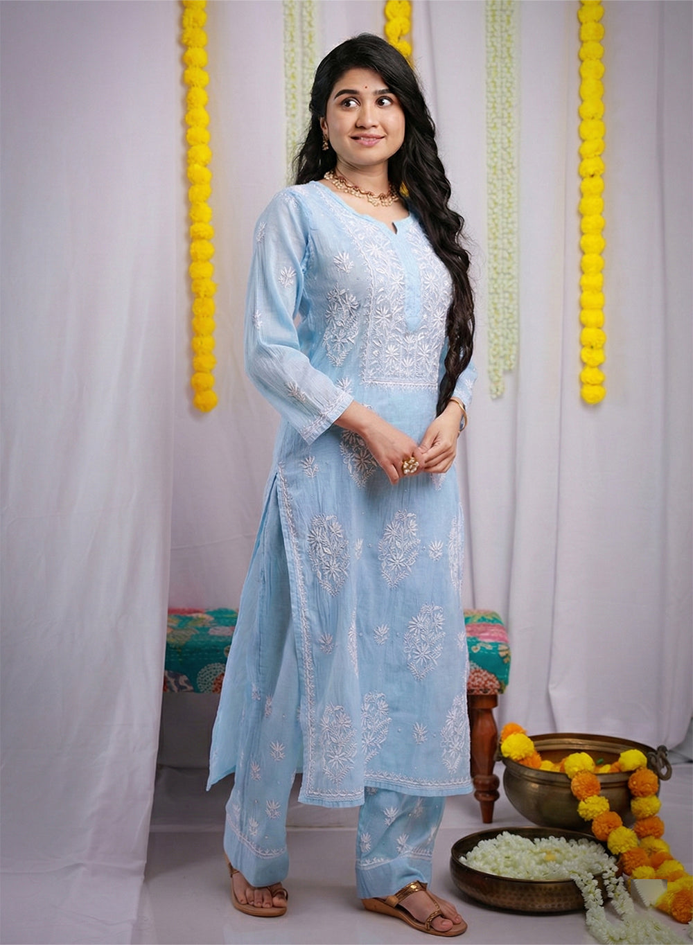 Eraya Baby Blue - Mul Chanderi Nargis Chikankari Set