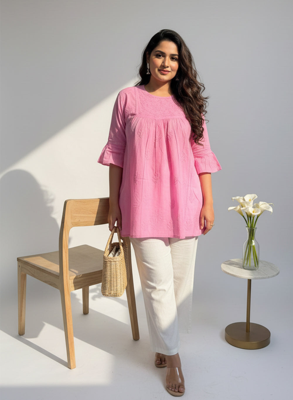 Baby Pink Bell Sleeves - Pure Cotton Gulshan Short Top
