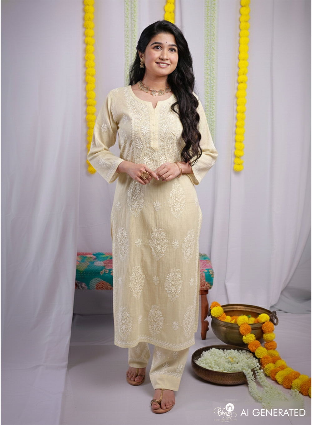 Eraya Beige - Mul Chanderi Nargis Chikankari Set