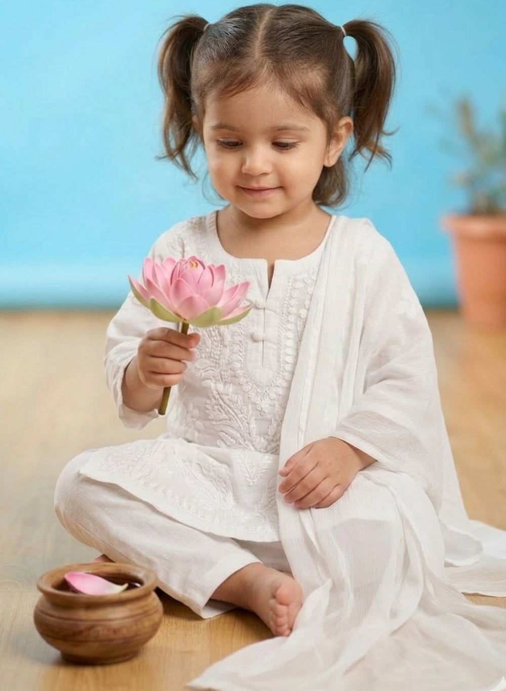 White - Dobby Cotton Chikankari Nanhe Farishtey Kidswear Set